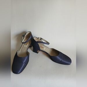 Talbots Navy  Fabric Ankle-Strap Low Block Heels Sz6M Made In Italy